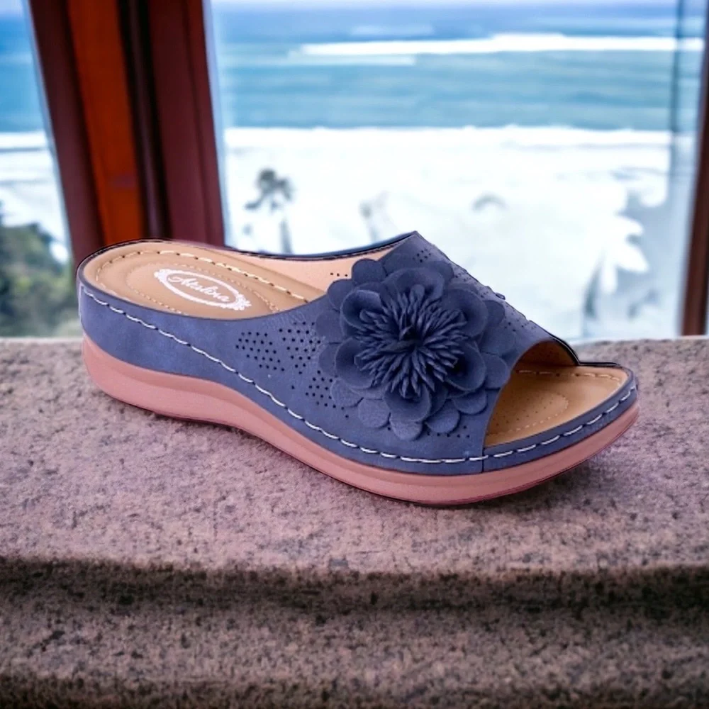 Italina Navy Blue Woven Pom Floral Rosette Padded Slide In Mule Sandal 10 - Picture 5 of 5